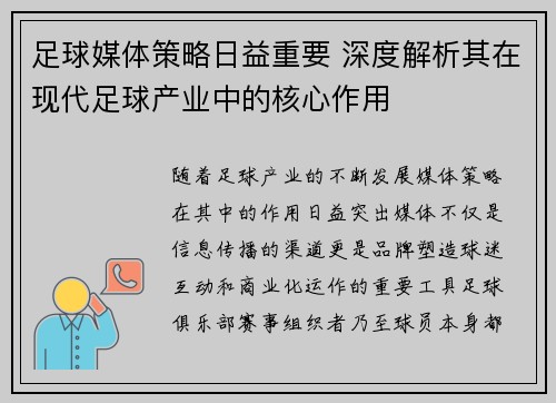 足球媒体策略日益重要 深度解析其在现代足球产业中的核心作用